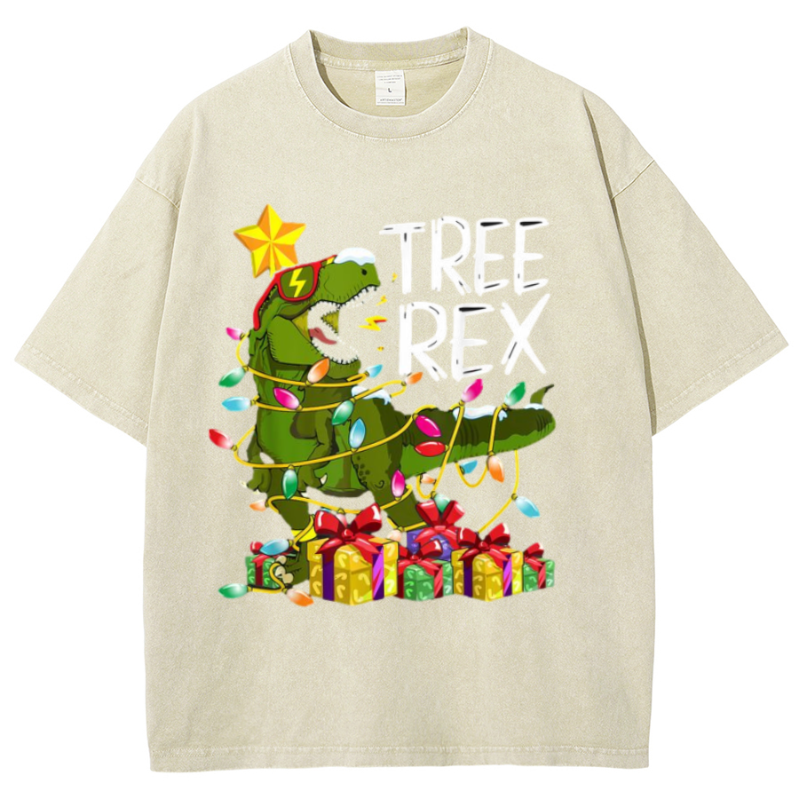 Tree Rex Unisex Oversized Print Vintage Wash Denim T-Shirt by migunica