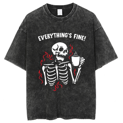 Unisex Everything's Fine Skull Letter Printed Retro Washed Short Sleeved T-Shirt by migunica