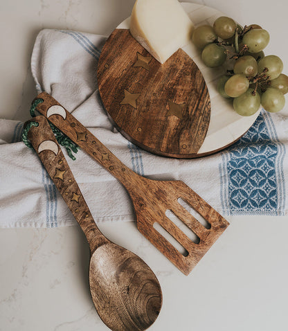 Nakshatra Moon Stars Serving Utensils Set - Carved Wood, Bone by Matr Boomie