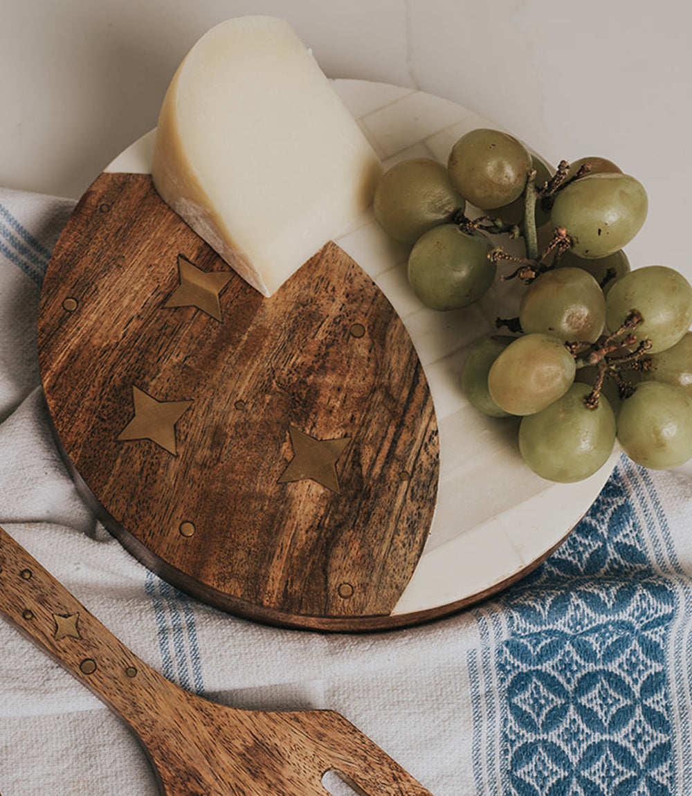 Nakshatra Moon Stars Cheese Board - Bone, Wood, Brass by Matr Boomie