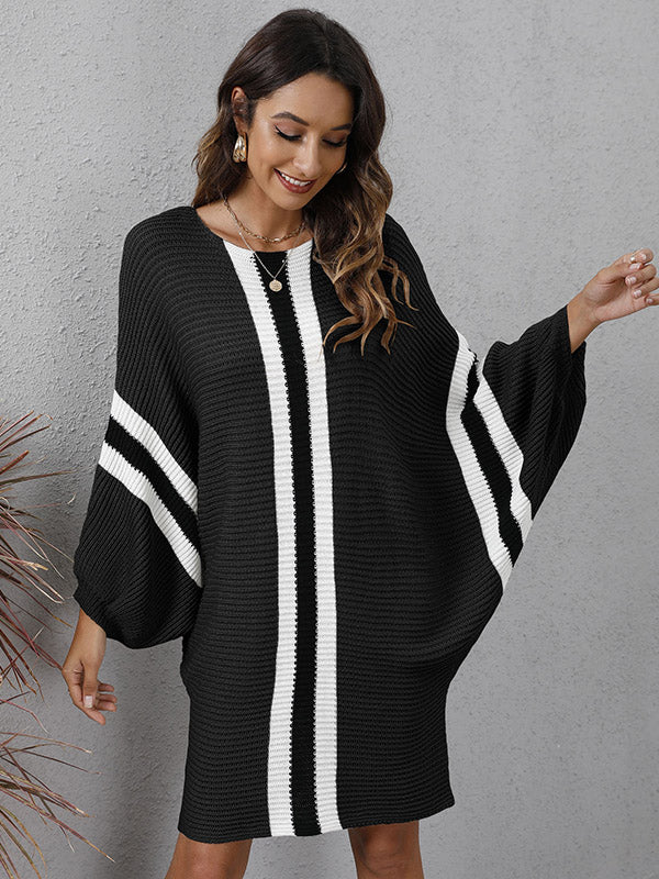 Original Loose 4 Colors Striped Round-Neck Batwing Long Sleeves Sweater Dress by migunica