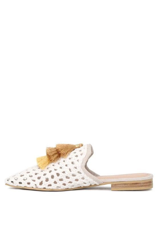 MIRIAM Woven Metallic Tassel Flat Mules