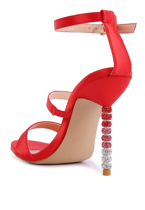 LAWSUIT RHINESTONE BALL HEEL SATIN SANDALS