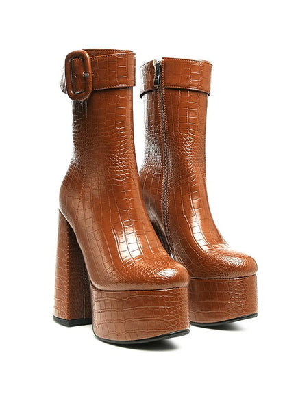 Bumpy Croc High Block Heeled Chunky Ankle Boots