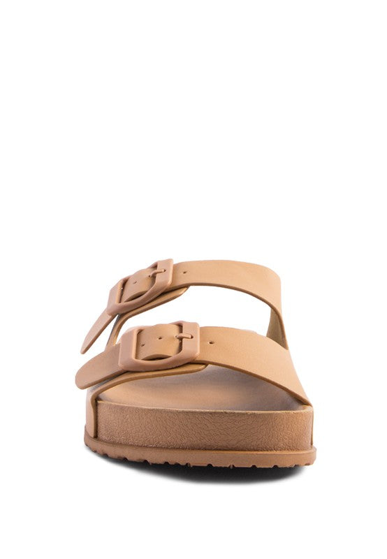 MINATA PLATFORM BUCKLED SLIDE SANDALS