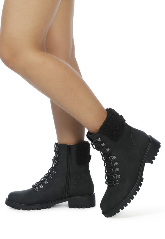 DOLON LACE-UP FUR COLLARED ANKLE BOOT