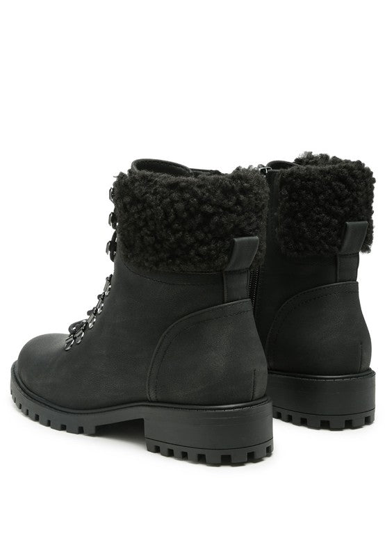 DOLON LACE-UP FUR COLLARED ANKLE BOOT