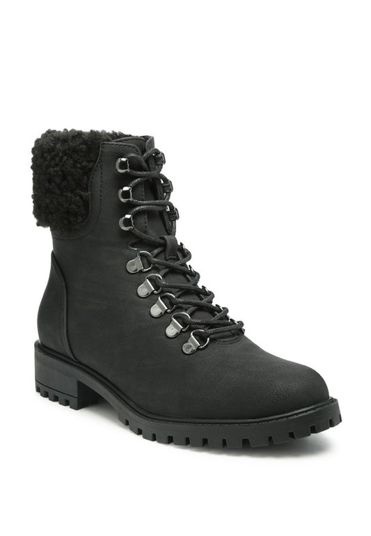 DOLON LACE-UP FUR COLLARED ANKLE BOOT