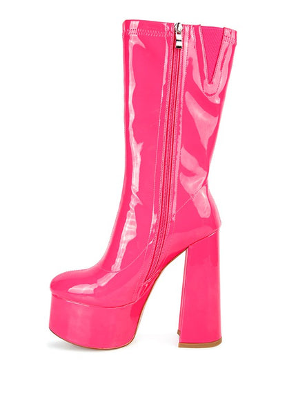 VINKELE Patent PU Platform Heeled Calf Boots