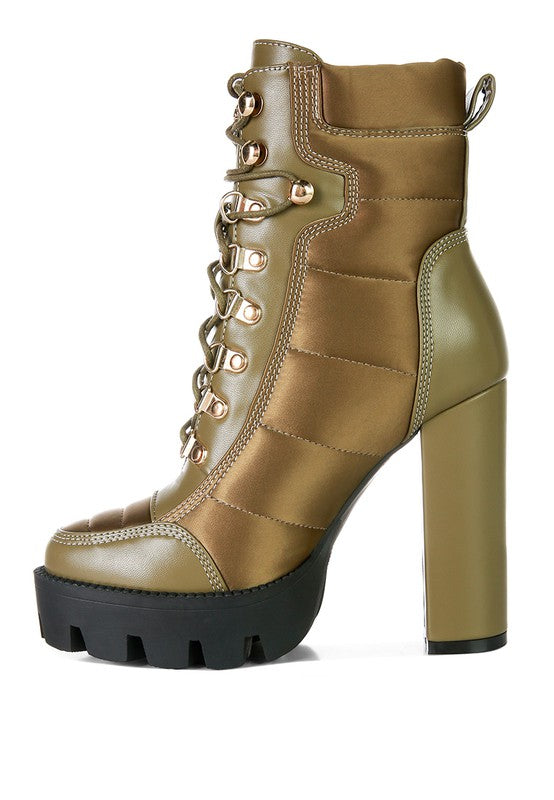 SCOTCH High Heel Quilted Satin Biker Boots