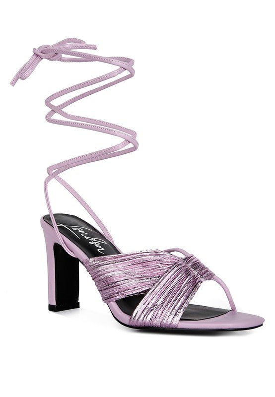 xuxa metallic tie up block heel sandals