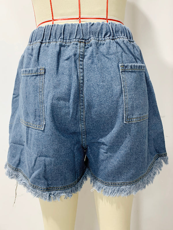 10 Colors Casual Drawstring High Waisted Denim Fringed Shorts by migunica