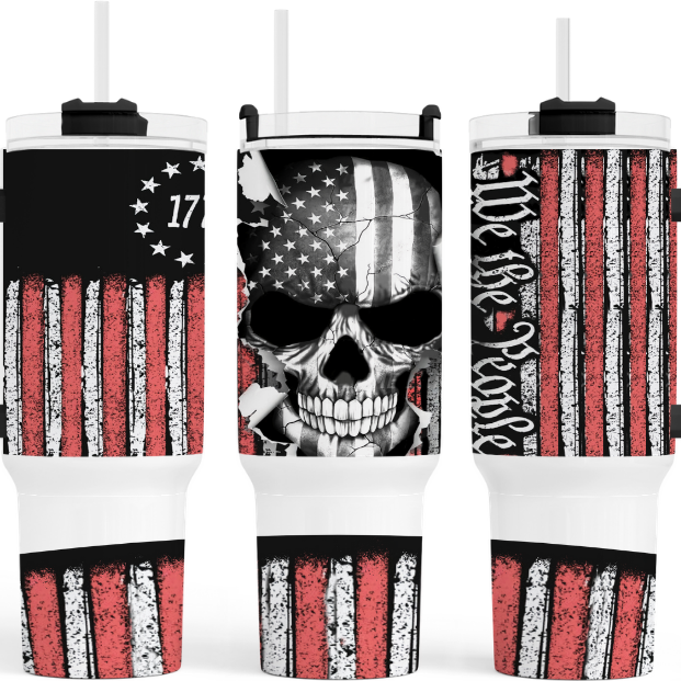 1777 We The People Candy Skull Black Flag 40 oz Tumbler by Crafty Casey's