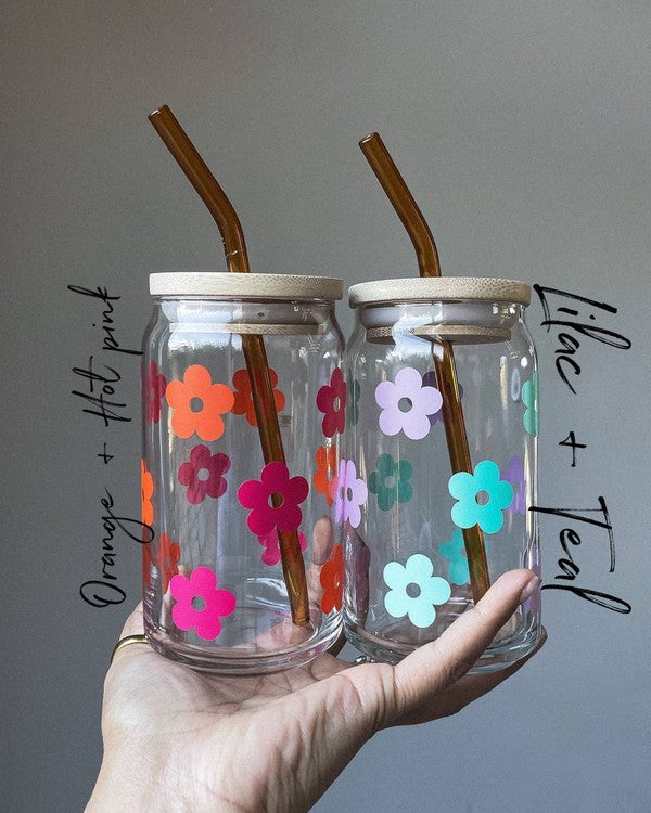 Retro flower glass cup 16oz