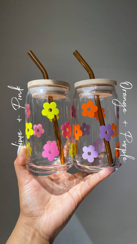 Retro flower glass cup 16oz