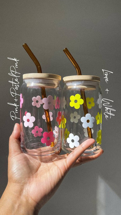 Retro flower glass cup 16oz