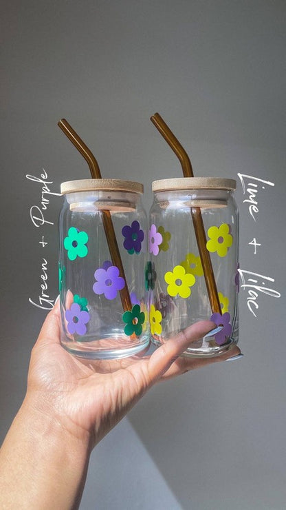 Retro flower glass cup 16oz