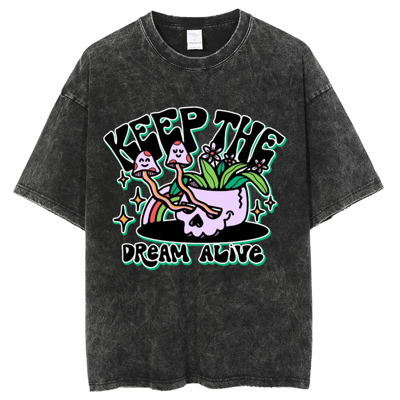 Unisex Keep The Dream Alive Printed Retro Washed Short Sleeved T-Shirt by migunica