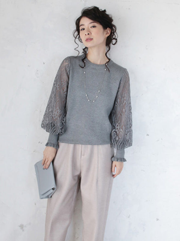 Original Loose Hollow Lace Round-Neck Long Puff Sleeves Sweater Pullovers by migunica