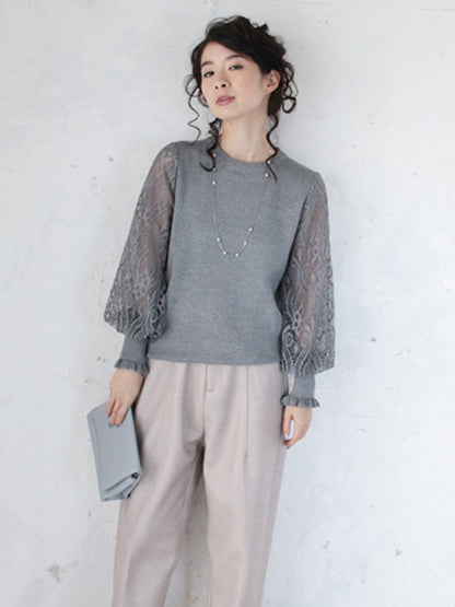 Original Loose Hollow Lace Round-Neck Long Puff Sleeves Sweater Pullovers by migunica