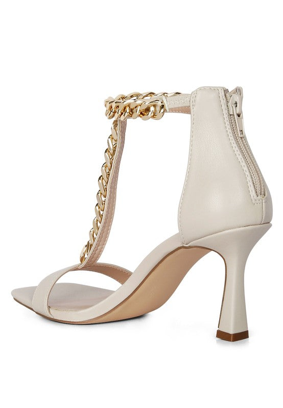 Real Gem Mid Heel Chain Detail T-strap Sandal