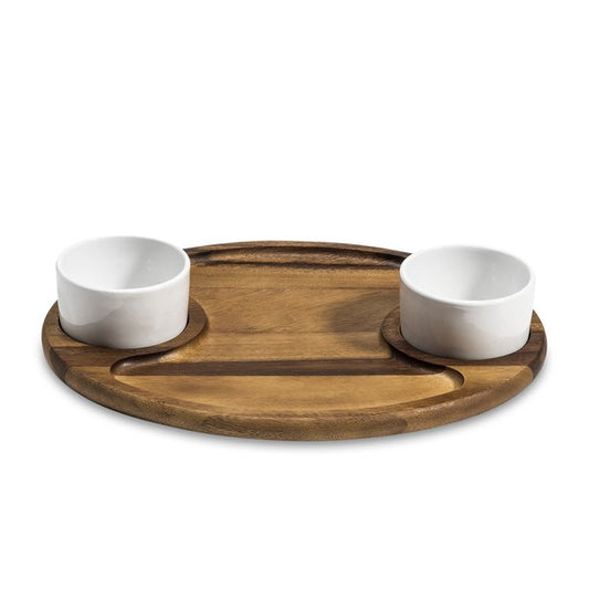 Charcuterie/Serving Tray, 2 ceramic bowls w/ lids