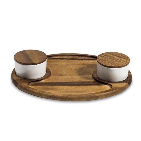 Charcuterie/Serving Tray, 2 ceramic bowls w/ lids