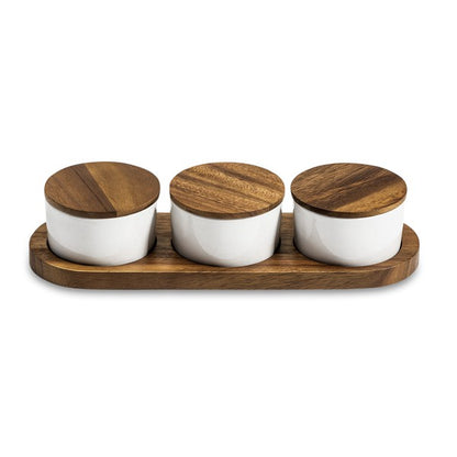 Ceramic Condiment Set on Acacia Wood Base