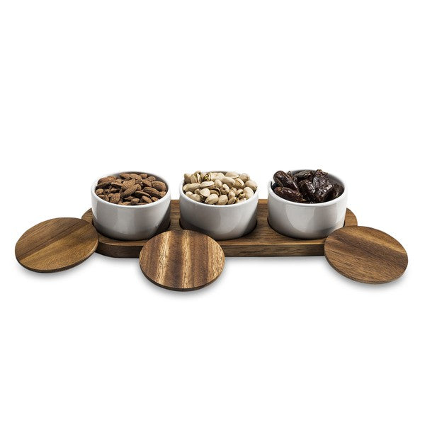 Ceramic Condiment Set on Acacia Wood Base