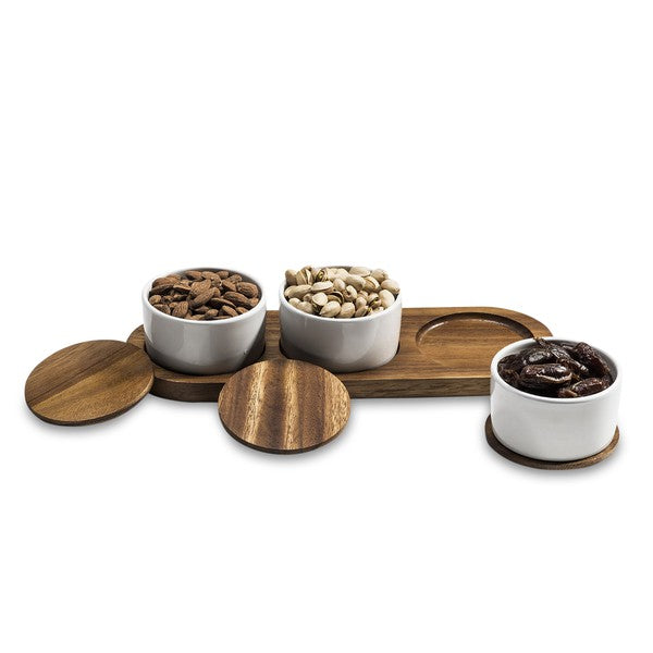 Ceramic Condiment Set on Acacia Wood Base