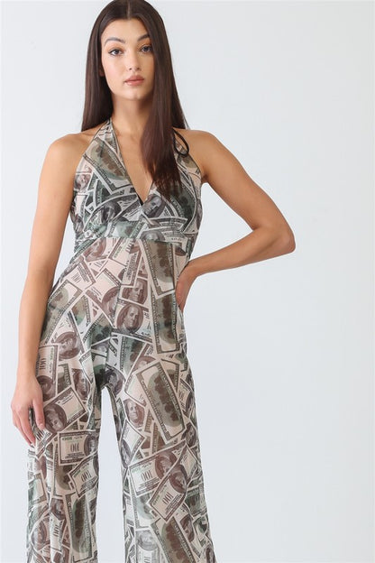 V-Neck Sleeveless Wide Leg Sheer Jumpsuit