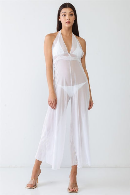 V-Neck Sleeveless Wide Leg Sheer Jumpsuit