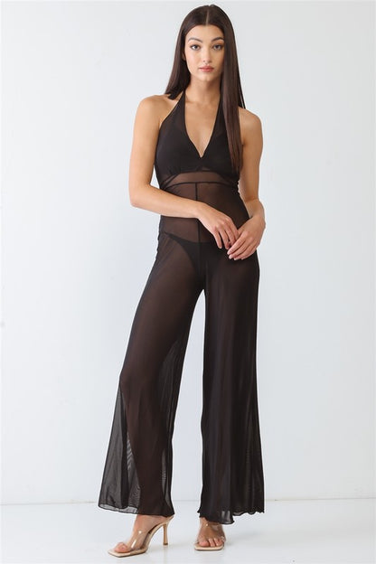 V-Neck Sleeveless Wide Leg Sheer Jumpsuit