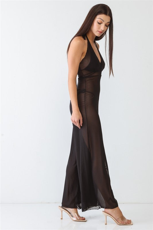 V-Neck Sleeveless Wide Leg Sheer Jumpsuit