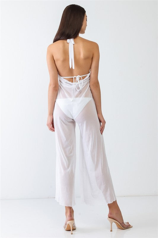 V-Neck Sleeveless Wide Leg Sheer Jumpsuit