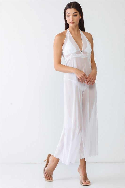 V-Neck Sleeveless Wide Leg Sheer Jumpsuit