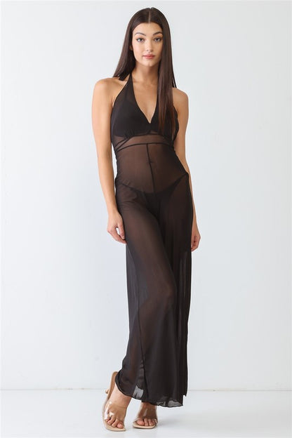 V-Neck Sleeveless Wide Leg Sheer Jumpsuit