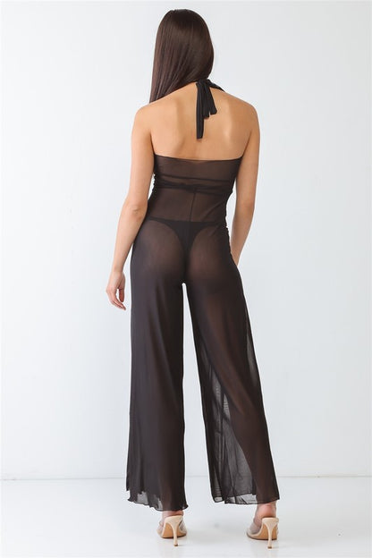 V-Neck Sleeveless Wide Leg Sheer Jumpsuit