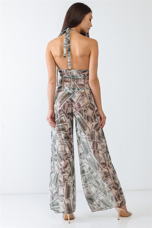 V-Neck Sleeveless Wide Leg Sheer Jumpsuit