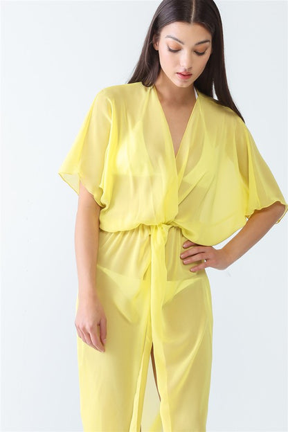 Mesh Twist V-Neck Front Slit Swim Cover Up