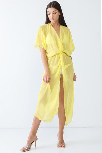 Mesh Twist V-Neck Front Slit Swim Cover Up