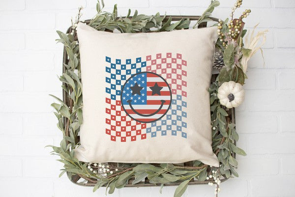 Checkered Patriotic Smiley Face Pillow Cover