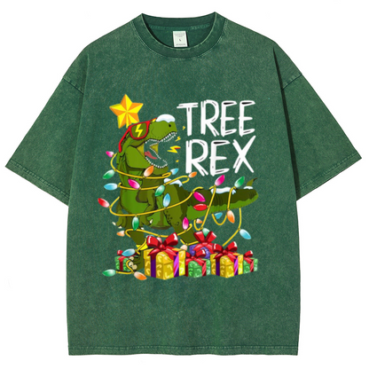 Tree Rex Unisex Oversized Print Vintage Wash Denim T-Shirt by migunica