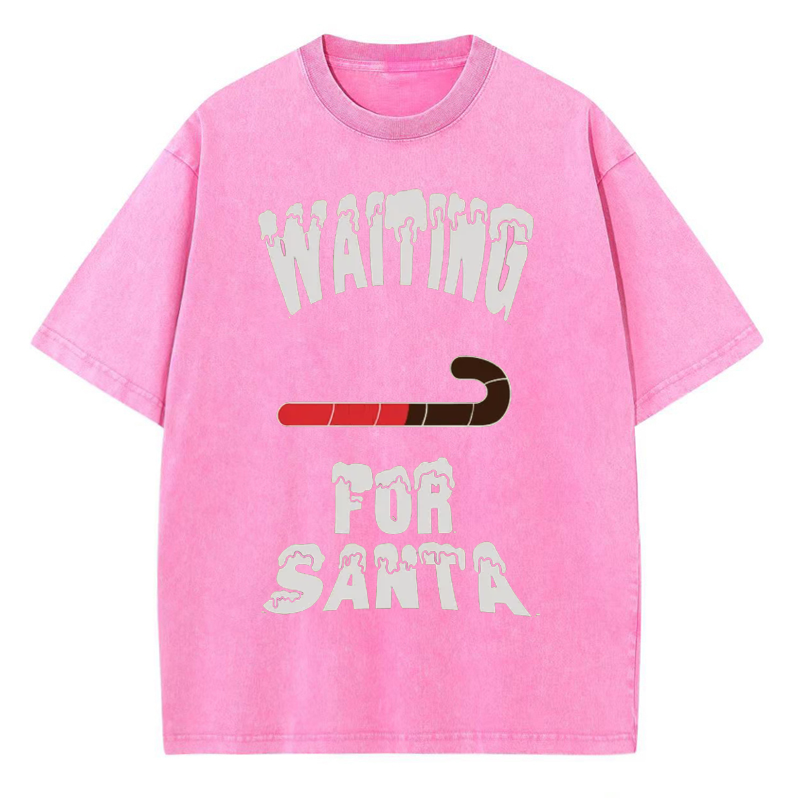 Unisex Waiting For Santa Printed Retro Washed Short Sleeved T-Shirt by migunica