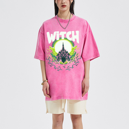 Witch Unisex Oversized Print Vintage Wash Denim T-Shirt by migunica