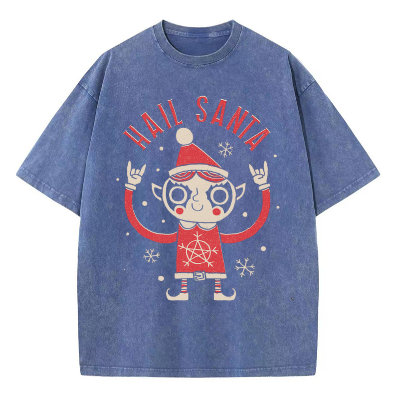 Unisex Hail Santa Printed Retro Washed Short Sleeved T-Shirt by migunica