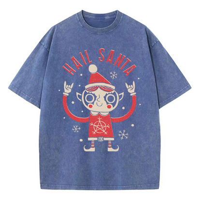 Unisex Hail Santa Printed Retro Washed Short Sleeved T-Shirt by migunica