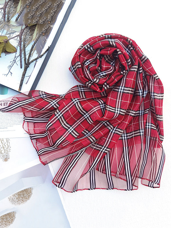 Mulberry Silk & Wool Blend Sun-Protection Plaid Shawl&Scarf by migunica