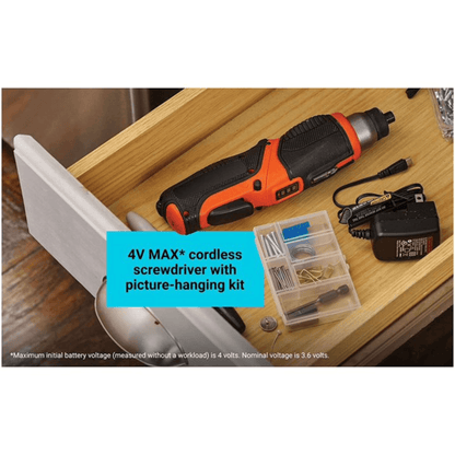 Black & Decker Cordless Rechargeable Pivoting Screwdriver & Picture Hanging Kit by Jupiter Gear Home