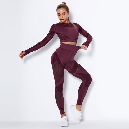 New  Seamless Net Hole Quick-Drying Sports Yoga Long Sleeve Striped Fitness Trousers Yoga Suit by BYNES NEW YORK | Apparel & Accessories